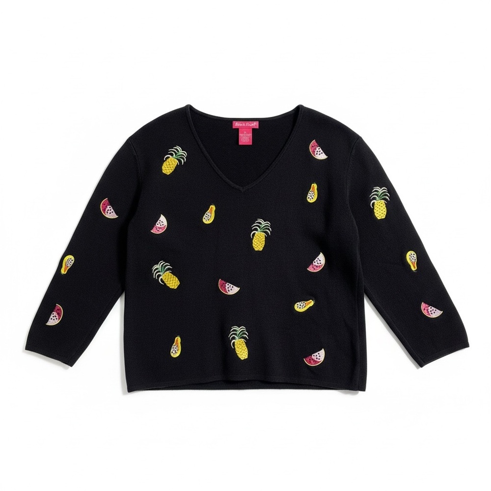 Alexandra Bartlett Fruit Embroidered Sweater Women’s XL Black Cotton‎ Knit